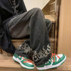 Flame Embroidery Jeans Neutral Wide Leg Denim Trousers Loose Straight Jeans Youth Casual Baggy Hip Hop Pants