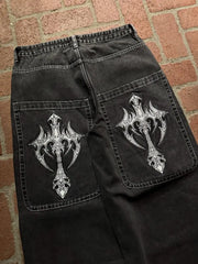 Gothic Cross Print Black Denim Baggy Pants Mid Waist Big Pocket Design Loose Fit Hip Hop Streetwear Jeans