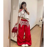 Red Baggy Parachute Pants Oversize Cargo Pants Harajuku Japanese Y2k Gyaru Vintage Trousers Clothes