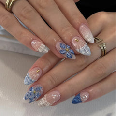 24Pcs Mid-length French Almond Press on Nails Tips with 3D Shell Flower Design Full Cover Fake Nails Art Datachable False Nails