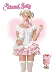 Japanese Kawaii Lolita Elegant 2 Piece Sets Pink Y2k Bow Design Mini Skirt Suit Princess Sweet Chic Outfits