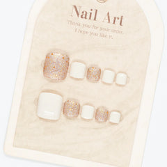 24Pcs Fake Toenails White Short Square Press On Toe Nails Glossy Sequins Designs Girls Acrylic False Nails Art