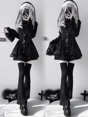 Gothic Vintage Girl Slim Patchwork Dress High Street Lace Skinny Long Sleeve Dresses France Sweet White Clothing New