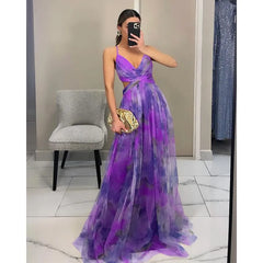 Elegant Print Pleated Mesh Evening Dress Off Shoulder Ins Vacation Long Dress V Neck High Waist Backless Sling Dress
