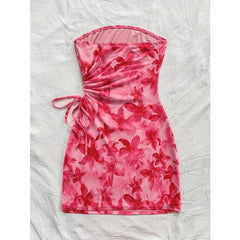 Floral Print Tube Mini Dress Strapless Backless Party Club Short Ruched Drawstring Bodycon Party Dresses Streetwear