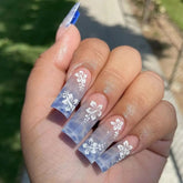 24pcs Y2k Sea Blue Gradient Fake Nails With Water Ripples Designs Long Square Coffin False Nails Set Press On Nail Tips