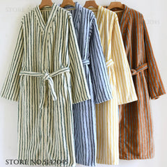 Robe Home Dress Thicken Flannel Bathrobe Kimono Gown Loose Print Stripe Sleepwear Coral Fleece Loungewear