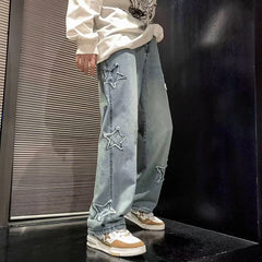 Star Embroidery Straight Casual Jeans Gothic Neutral Wide Leg Loose Hip-hop Youth Streetwear Denim Trousers Y2K
