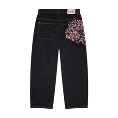 Baggy Jeans Plum Blossom Embroidery Y2K Harajuku Vintage Wide Leg Pants Denim Fabric Street Wear