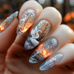24pcs/set Medium long fake nails Swan fish flowers