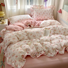 Ruffles Bedding Set Floral Style Duvet Cover Pillowcase with Bedsheet Skin-friendly Bed Linen Set Girls Room Bedclothes