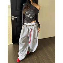 Gray Baggy Letter Print Sweatpants Oversize Dance Pants Harajuku 90s Style Vintage Y2k Hip Hop Wide Leg Trousers
