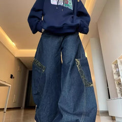 Deeptown Y2K Retro Jeans Big Pocket Scimitar Leopard Wide Leg Denim Cargo Pants Harajuku Baggy Streetwear Trousers