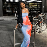 Strapless Print Tube Maxi Dress Off Shoulder Backless Stretch Long Sundress Beach Y2K Clothes