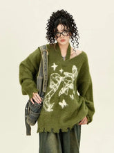 American Green Bow Neck Sweater Loose Print Pattern Vintage High Street Lazy Wind Knitted Sweater