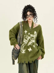 American Green Bow Neck Sweater Loose Print Pattern Vintage High Street Lazy Wind Knitted Sweater