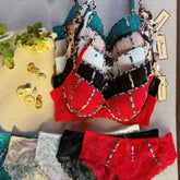 Sexy Women Push Up Bra Europe 3/4 Cup Lace Flowers Embroidery Lingerie Set