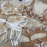 Sexy erotic lace lingerie women embroidery transparent mesh bra garter Set