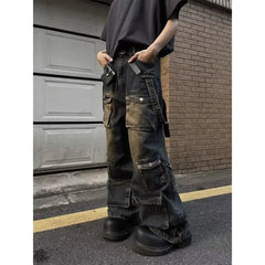 Washed Vintage American Street Style Jeans Loose Straight Leg High Street Vibe Long Trousers