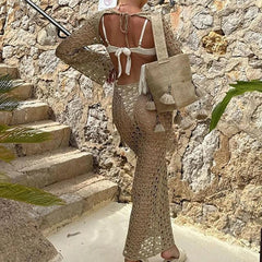 Round Collar Long Sleeve Wrap Dress Knitting Hollow Out Beachwear Cover Up Holiday Beach Elegant Long Dress