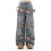 Blue Flower Baggy Jeans Y2K Japanese Harajuku High Street High Waist Wide Leg Retro Jeans Clothing
