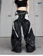 Vintage Patchwork Distressed Jeans Hip Hop Loose Wide Leg Cargo Pants Washed Distressed Denim Trousers