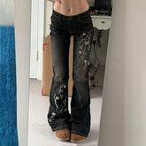 Floral Embroidery Jeans Vintage 2000s Low Rise Flared Jeans Retro Y2k Baggy Denim Pants High Street Basic Trousers