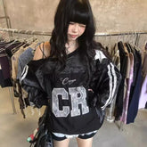 Y2k Lace Letter Hoodie Skew Collar Lace Up Streetwear Hoody Harajuku Vintage Oversized Stripe Long Sleeve Tops