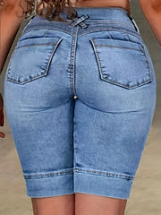 Ladies' Blue Double-Buckle Waist Slim Fit Jeans