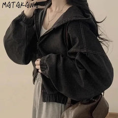Matakawa Denim Jackets Hooded Solid Korean Chaquetas Vintage Loose Zipper Ropa De Mujer Tops