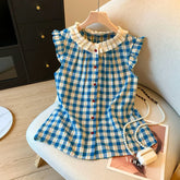 Vintage Plaid Shirts Harajuku Floral Lace Patchwork Blouses Sweet Korean Print Flying Sleeve Casual Design Tops New