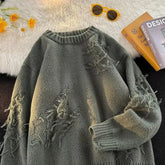 Japanese Style round Neck Knitted Sweater Loose High Street Vintage Solid Color Distressed Crew Neck Knitwear