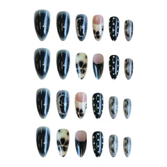 24pcs Smudging Flower Press On Nails Wave Point Designs French Style Almond False Nails Y2k Sweet Cool Fake Nail