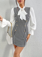Temperament Color Contrast Print Casual Bow Tie Slim Long-sleeved Dress