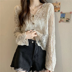 Vintage Lace Blouses See Through Sheer Long Sleeve Sun Shirts Korean Style Casual Sun Protection Ladies Tops