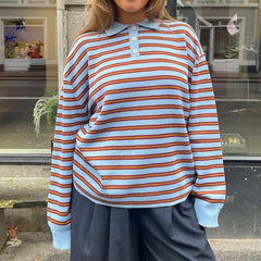 y2k Vintage Rib Knitted Striped Collared Sweater Loose Long Sleeve Pullover Knit Tops Casual Sweatirt Clothes