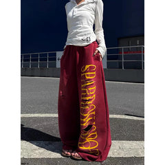Red Baggy Letter Print Ripped Sweatpants Oversize Dance Pants Harajuku Vintage Y2k Wide Trousers