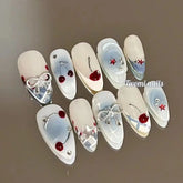 10Pcs Handmade Press on Nails French Almond Full Cover Cherries