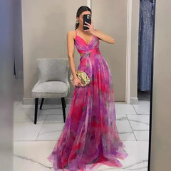 Elegant Print Pleated Mesh Evening Dress Off Shoulder Ins Vacation Long Dress V Neck High Waist Backless Sling Dress