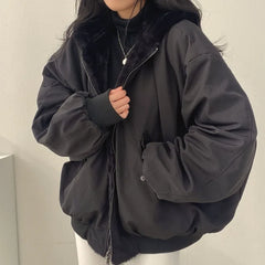Korean Casual Cashmere Padded Double-Sided Lamb Wool Cotton-Padded Jacket Y2K Zipper Hooded Cotton-Padded Jackets Coat