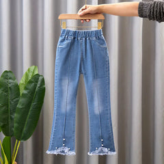 Teenage Girls Jeans Bead Lace Denim Girl Trousers Children's Stretch Waist Solid Pants Casual Bell-bottoms