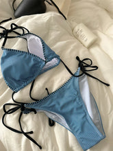 Swimsuit Bikini Split Girls Striped Blue Lingerie Women Bras Vintage Slim Tie Vacation Style Underrwear Swimwear