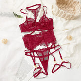 Ultra-thin red lingerie sponge-free underwired three pieces bra and briefs garter Set