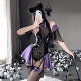 Wetlook PU Leather Bodysuit Women Sexy Lingerie Anime Cosplay Costumes Halter Neck Mesh Body Suit with Garter Set