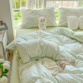 Green Nordic Bedding Set Ins Plaid Girls Boys Double Queen Size Duvet Cover Flat Sheet Pillowcase No Filler Bed Linens