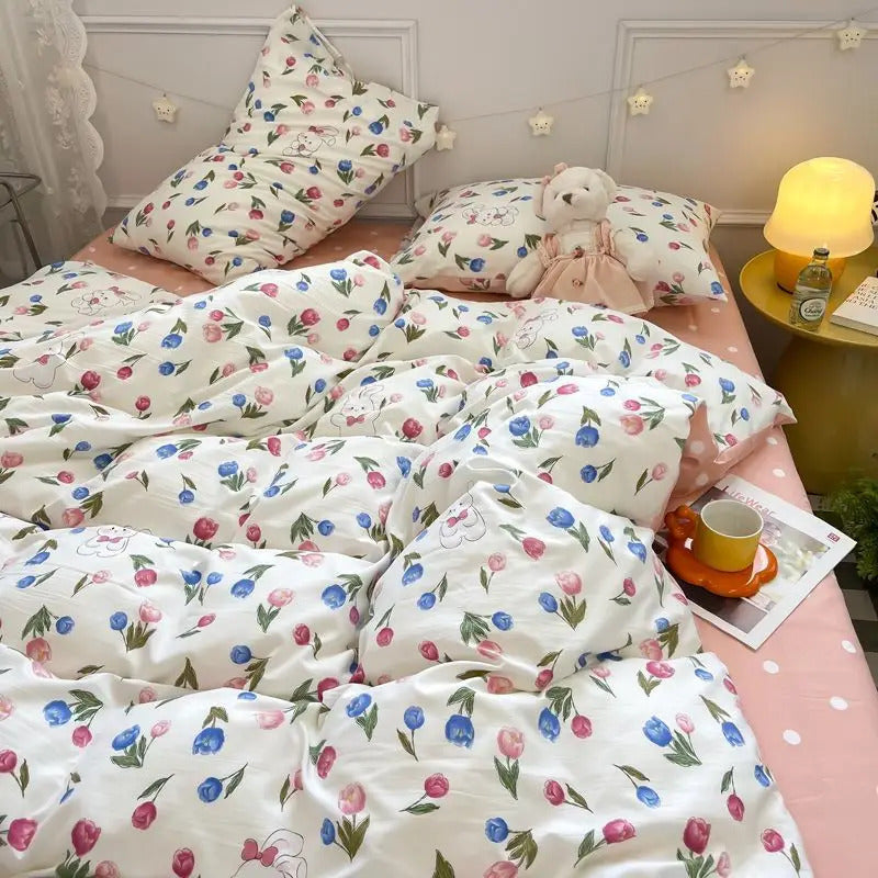 Pink Flowers Duvet Cover Set Ins Single Queen Size Girls Boys Flat Sheet Pillowcase No Filler Home Decor Bedding Set