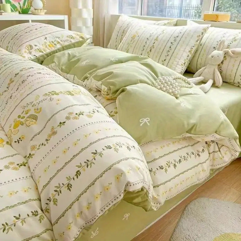 Green Floral Bedding Set Ins Twin Full Queen Size Duvet Cover No Filler Flat Sheet Pillowcase Girl Home Totel Bed Linens