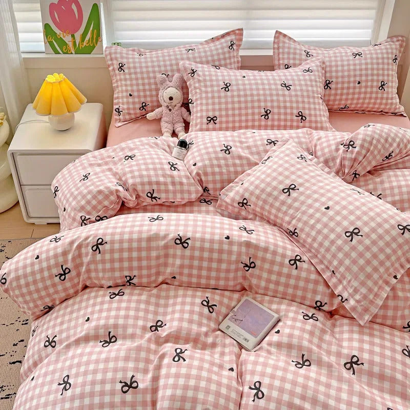 Green Nordic Bedding Set Ins Plaid Girls Boys Double Queen Size Duvet Cover Flat Sheet Pillowcase No Filler Bed Linens