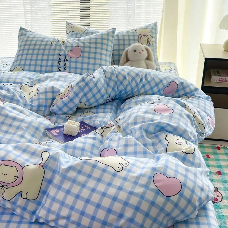 Cute Bear Duvet Cover Set with Zipper Pink Heart Bed Sheet Pillowcases No Filler Twin Queen Size Girls Boys Gift Bedding Set
