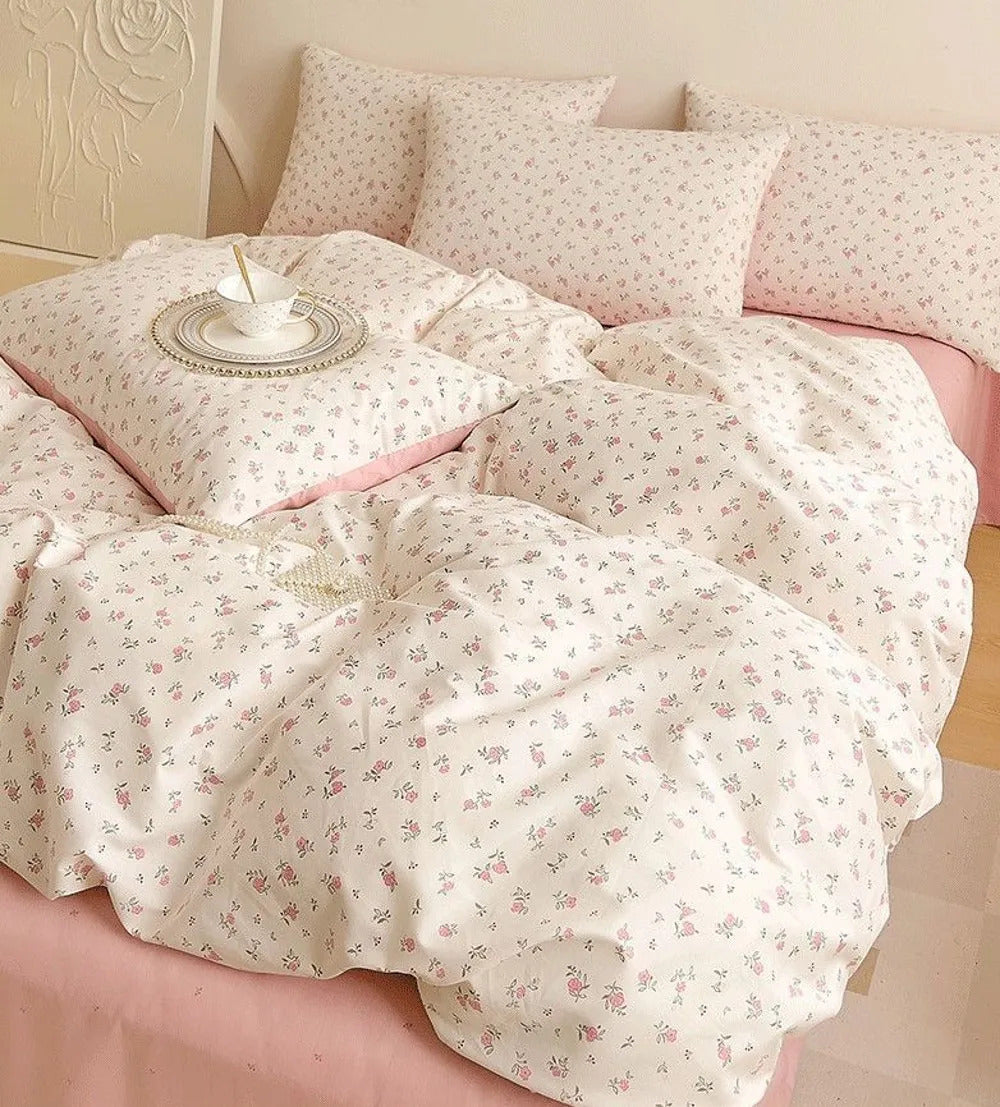 Pink Flowers Duvet Cover Set Ins Single Queen Size Girls Boys Flat Sheet Pillowcase No Filler Home Decor Bedding Set